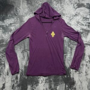 Princess Hooded Henley Top Womens Large Purple Fleur De Lis Wing Graphic Y2K